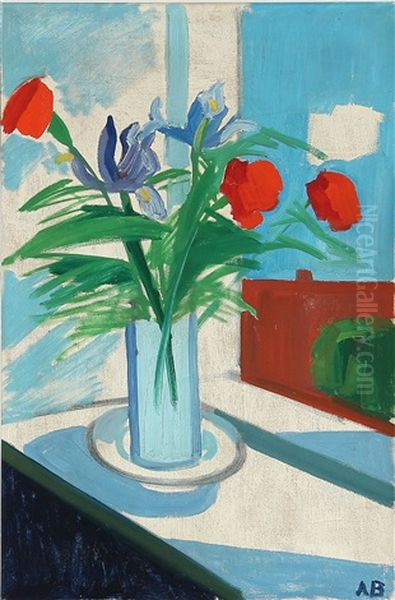 Sill Life With Red And Blue Flowers In A Vase Oil Painting by Axel Bentzen