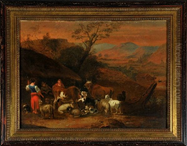 Hirtenfamilie Mit Vieh Vor Einer Hutte In Abendlicher, Italienischer Landschaft Oil Painting by Nicolaes Berchem