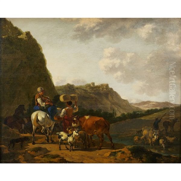 Italianate Pastoral With Shepherd Family Herding Farm Animals Oil Painting by Job Adriaensz Berckheyde