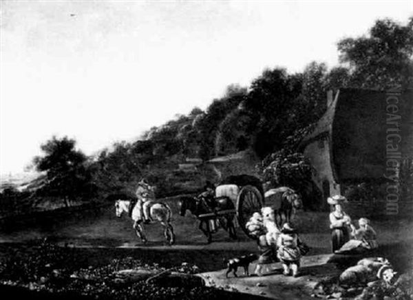 Peasants Meeting On A Country Road By A Horse And Cart Oil Painting by Job Adriaensz Berckheyde