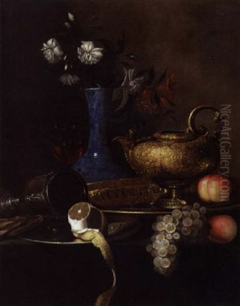 Stilleben Med Druer, Citron, Fersken, Messingfad Og -kande Pa Et Bord Oil Painting by Christian Berentz