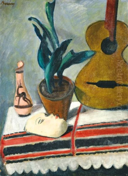 Still Life With Guitar And Mask Oil Painting by Robert Bereny