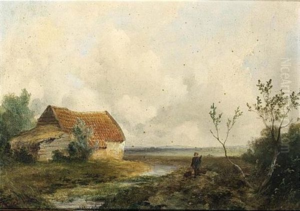 An Extensive Landscape With A Huntsman And His Dog (+ A Landscape With A Small Farm House; Pair) Oil Painting by Hendrik Andries Van Den Berg
