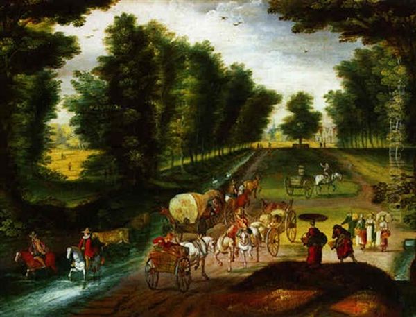 Reisende Mit Planwagen In Einer Waldlandschaft Oil Painting by Christoffel van den Berge