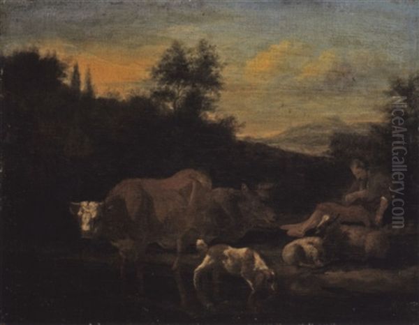 Hirt Mit Vieh Am Wasser Lagernd Oil Painting by Dirk van Bergen