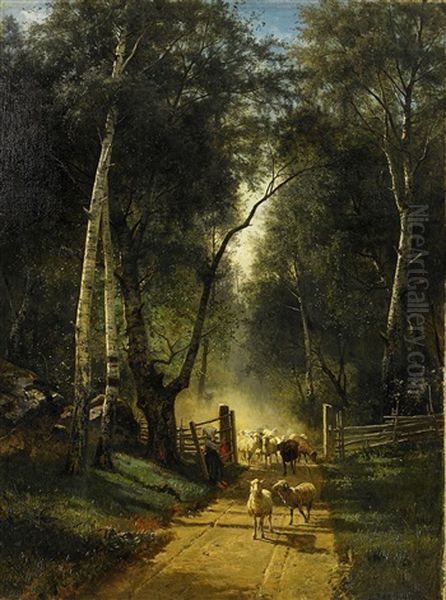 Vallflicka Med Sin Hjord Oil Painting by Edward (Johan-Edvard) Bergh