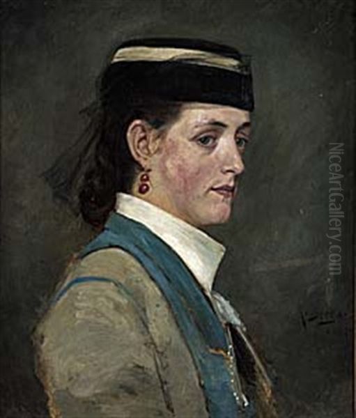 Portratt Av Kvinna I Hatt Med Flor Oil Painting by Richard (Sven R.) Bergh