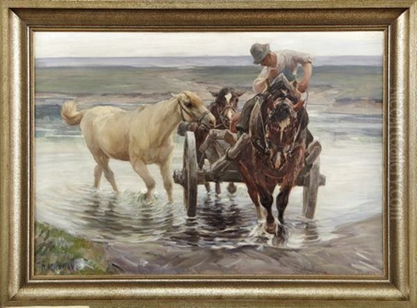 Bauer Mit Pferden Und Fuhrwerk Beim Durchqueren Einer Furt Oil Painting by Max Bergmann