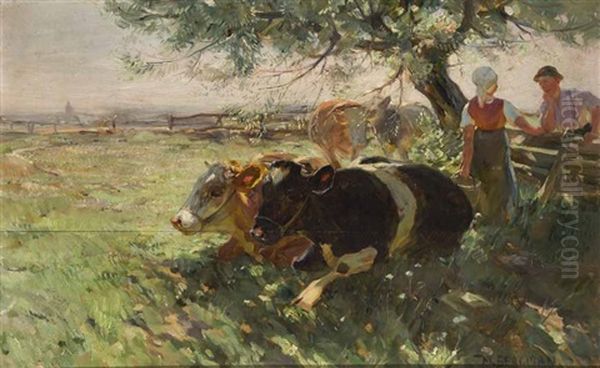 Rastende Kuhe Unter Baumen In Sommerlandschaft Oil Painting by Max Bergmann