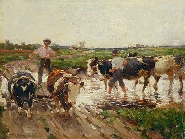 Zwei Burschen Mit Kuhen An Der Furt Oil Painting by Max Bergmann