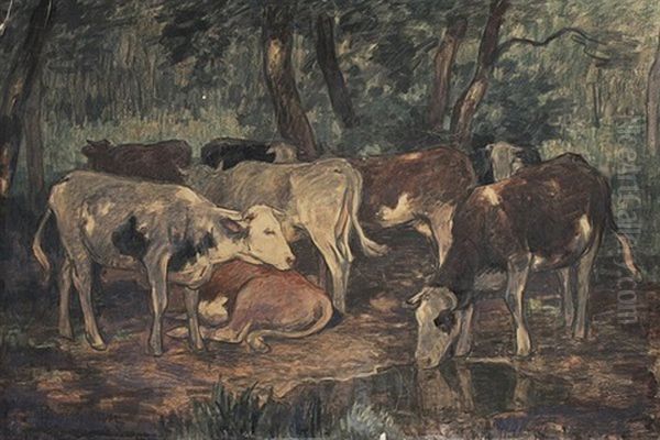 Kuhherde An Einer Tranke Im Wald Oil Painting by Max Bergmann