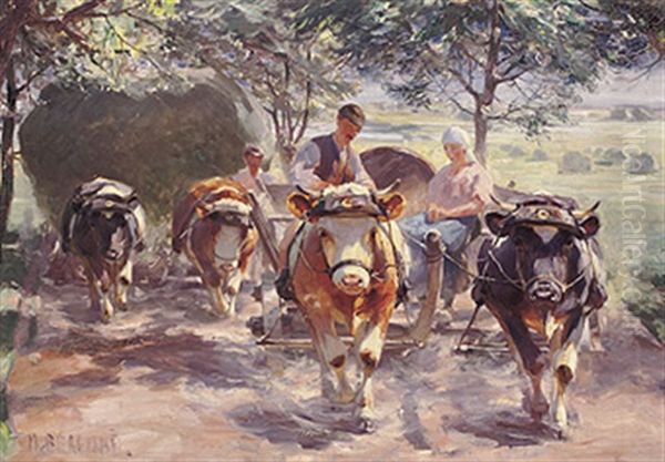Heimkehrende Bauern Mit Ochsengespannen Oil Painting by Max Bergmann