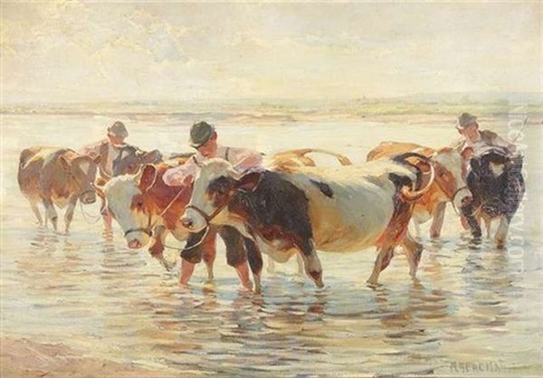 Bauern Mit Kuhen In Einer Furt Oil Painting by Max Bergmann