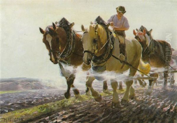 Ein Bauer Mit Pferden Beim Pflugen Des Ackers Oil Painting by Max Bergmann