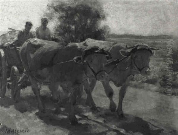 M,chtiges Ochsengespann Mit Heuwagen Oil Painting by Max Bergmann