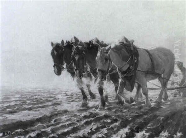 Bauer Beim Pflugen Mit Seinem Pferdegespann Oil Painting by Max Bergmann