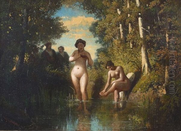 Badende Frauen Im Wald Oil Painting by Tony-Francois de Bergue
