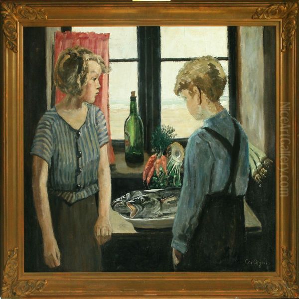 Interior With A Boy And Girl At The Window Oil Painting by Christian Aigens