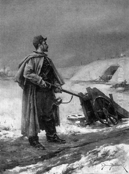 A Foot Soldier In The Snow Oil Painting by Etienne Prosper Berne-Bellecour