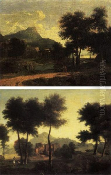 A Wooded Landscape With A Shepherd Before A Hamlet Oil Painting by Jean Victor Bertin
