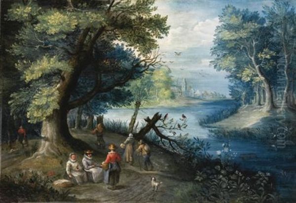 A River Landscape With Figures Oil Painting by Balthasar Beschey