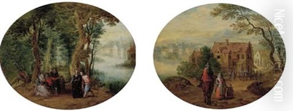 Elegant Company On A Path In A Wooded River Landscape (+ A Horseman Passing By A Woman And Child On A Path, A Village Beyond; Pair) Oil Painting by Karel Beschey