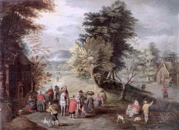 Numerous Figures On A Country Road Beside A Cottage, A Town And Mountains Beyond Oil Painting by Karel Beschey