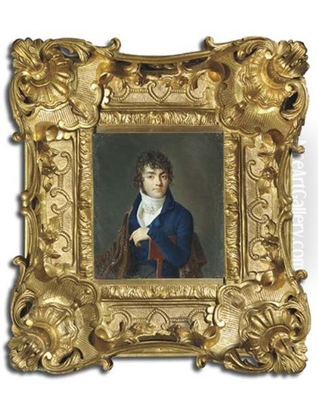 A Young Gentleman Seated With His Left Arm Draped Over The Back Of A Wooden Chair, In Blue Coat, White Waistcoat And Tied Cravat, Brown Cloak Draped Over His Right Shoulder Oil Painting by Claude-Jean Besselievre
