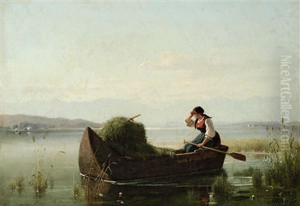 Heuboot Mit Jungem Dirndl Oil Painting by Hermann Bethke