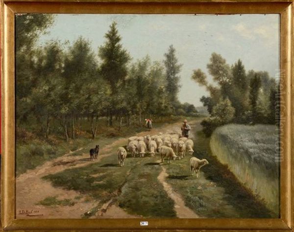 Bergers Et Troupeau Sur Un Chemin De Campagne Oil Painting by Henri De Beul