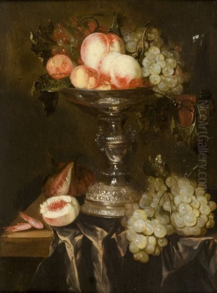 Still Life With Peaches And Grapes In A Silver Taza On A Draped Table Oil Painting by Abraham van Beyeren