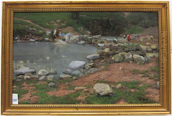 Four Italian Women Doing Laundry In River Pools Using Boulders As Wash Boards Oil Painting by Mose di Giosue Bianchi