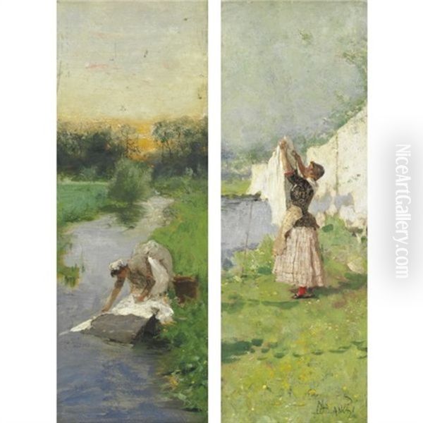 Lavandaie (pair) Oil Painting by Mose di Giosue Bianchi