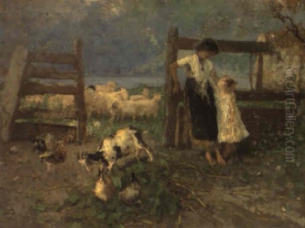 Campagna Lombarda Con Gregge E Contadinelle In Riva Al Lago Oil Painting by Mose di Giosue Bianchi