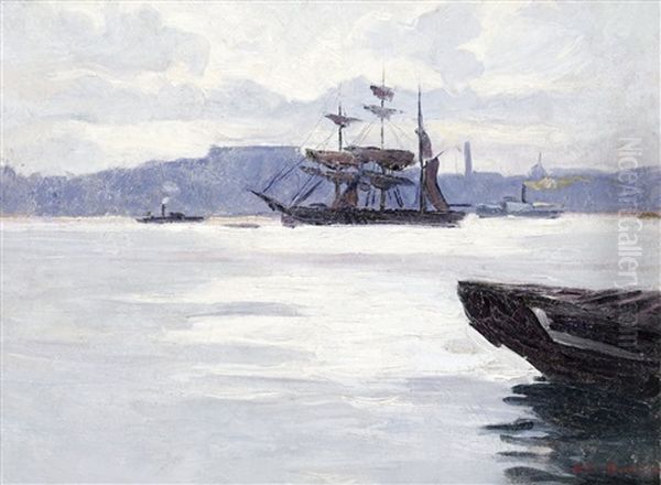 Stockholms Strom Med Fafangan I Bakgrunden Oil Painting by Arthur Bianchini