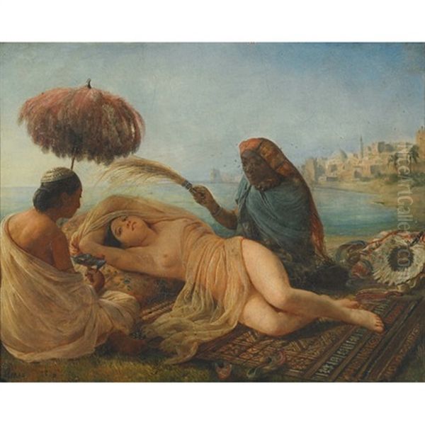 Odalisque Fanned By Her Slaves Oil Painting by Francois Auguste Biard