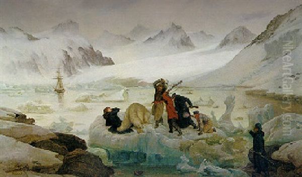 Explorers And Sailors Fighting With A Polar Bear In Magdalena-bay, Spitzberg, With "la Recherche" At Anchor Beyond by Francois Auguste Biard