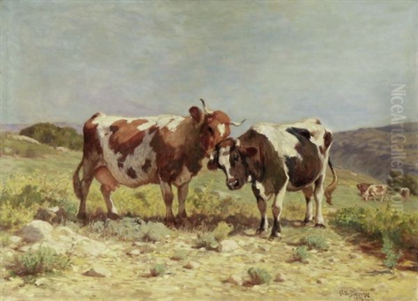 Zwei Kuhe Auf Der Weide Oil Painting by Walter Biddlecombe