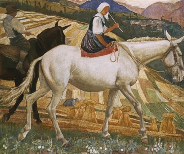 Paysanne A Dos De Mulet (farmer's Girl Riding A Mule) Oil Painting by Ernest Bieler