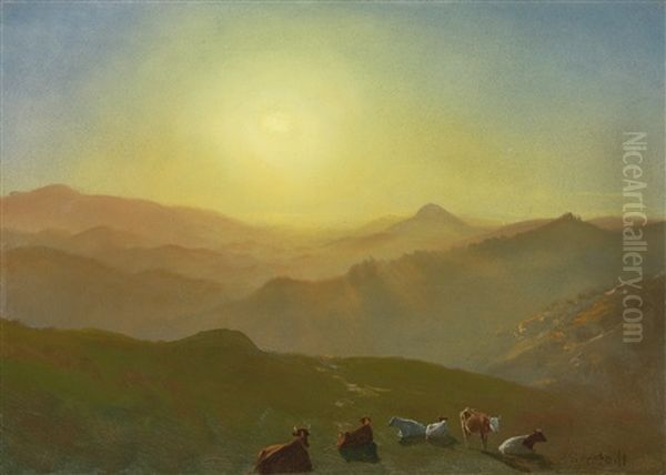 Looking From The Shade On Clay Hill (sunset, Clay Street Hill, San Francisco) Oil Painting by Albert Bierstadt