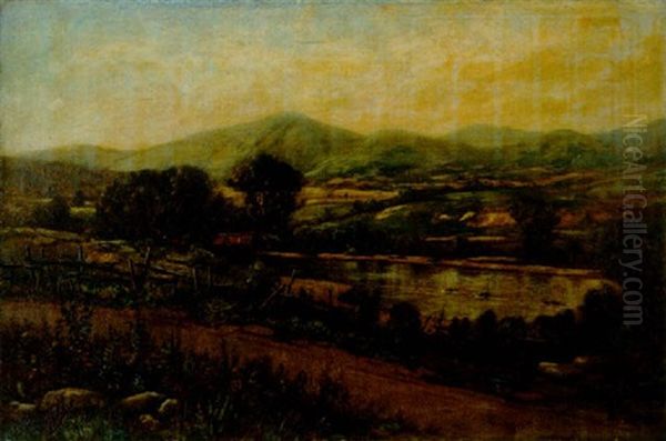 A Country Road By A River With A Covered Bridge And Hills In The Distance Oil Painting by Daniel Folger Bigelow