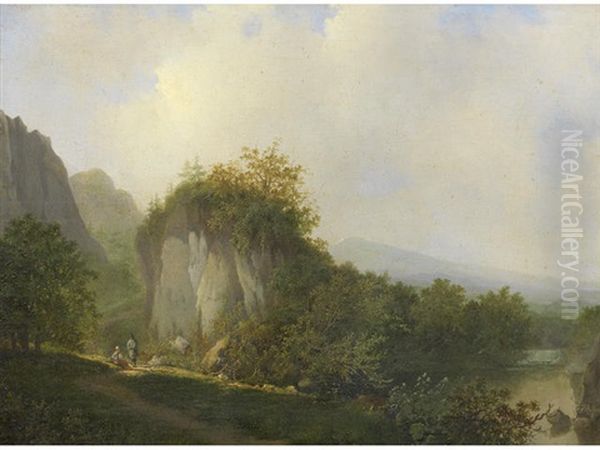 Travellers Resting On A Country Path, A Landscape Beyond Oil Painting by Johannes Warnardus Bilders