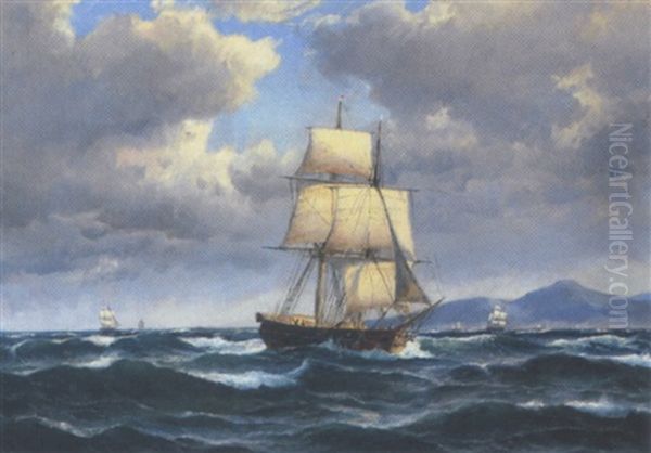 Marine Med Sejlskibe Oil Painting by Carl Ludwig Bille