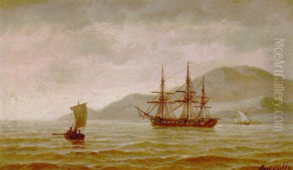 En Engelsk Fregat Til Ankers Ud For Kysten Oil Painting by Carl Ludwig Bille