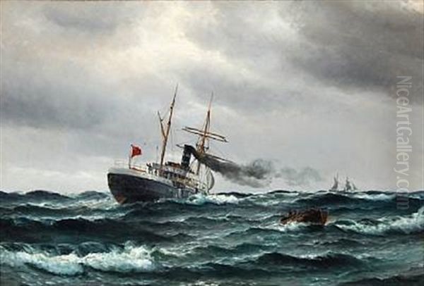 Seascape With A Streamer In High Waves Oil Painting by Vilhelm Victor Bille
