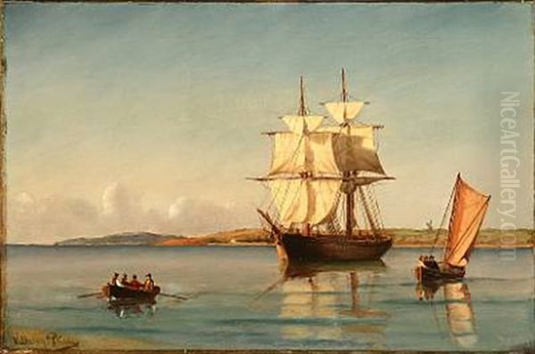Seascape With Sailing Ships And Rowing Boat Oil Painting by Vilhelm Bille