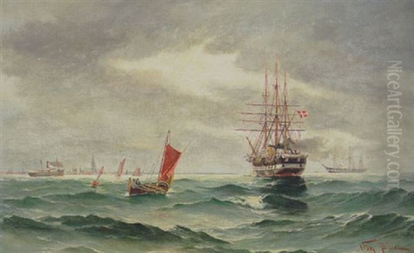 Marine Med Skibe Ud For By Ved Kysten Oil Painting by Vilhelm Bille