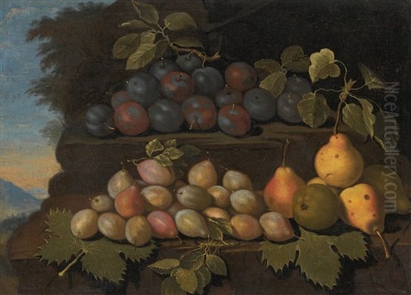 Still Life Of Pears And Plums, On A Stone Ledge, A Landscape Beyond Oil Painting by Bartolommeo Bimbi