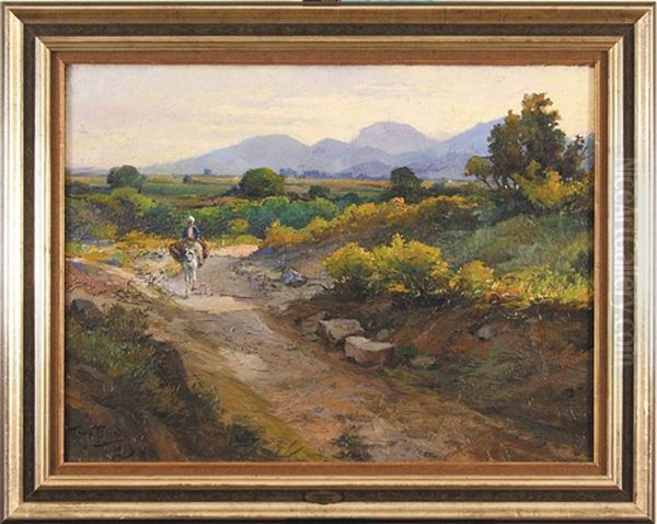 Pejzaz Z Kobieta Jadaca Na Osiolku Oil Painting by Tony Binder