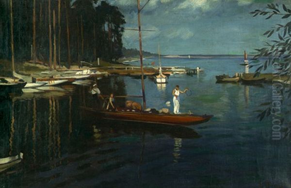 Hafen Mit Auslaufendem Schiff Oil Painting by Jekabs Bine